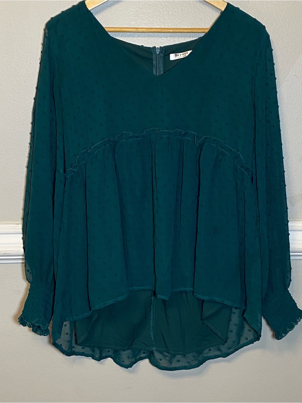 Peplum Swiss Dot Blouse in Deep Teal by Beyove